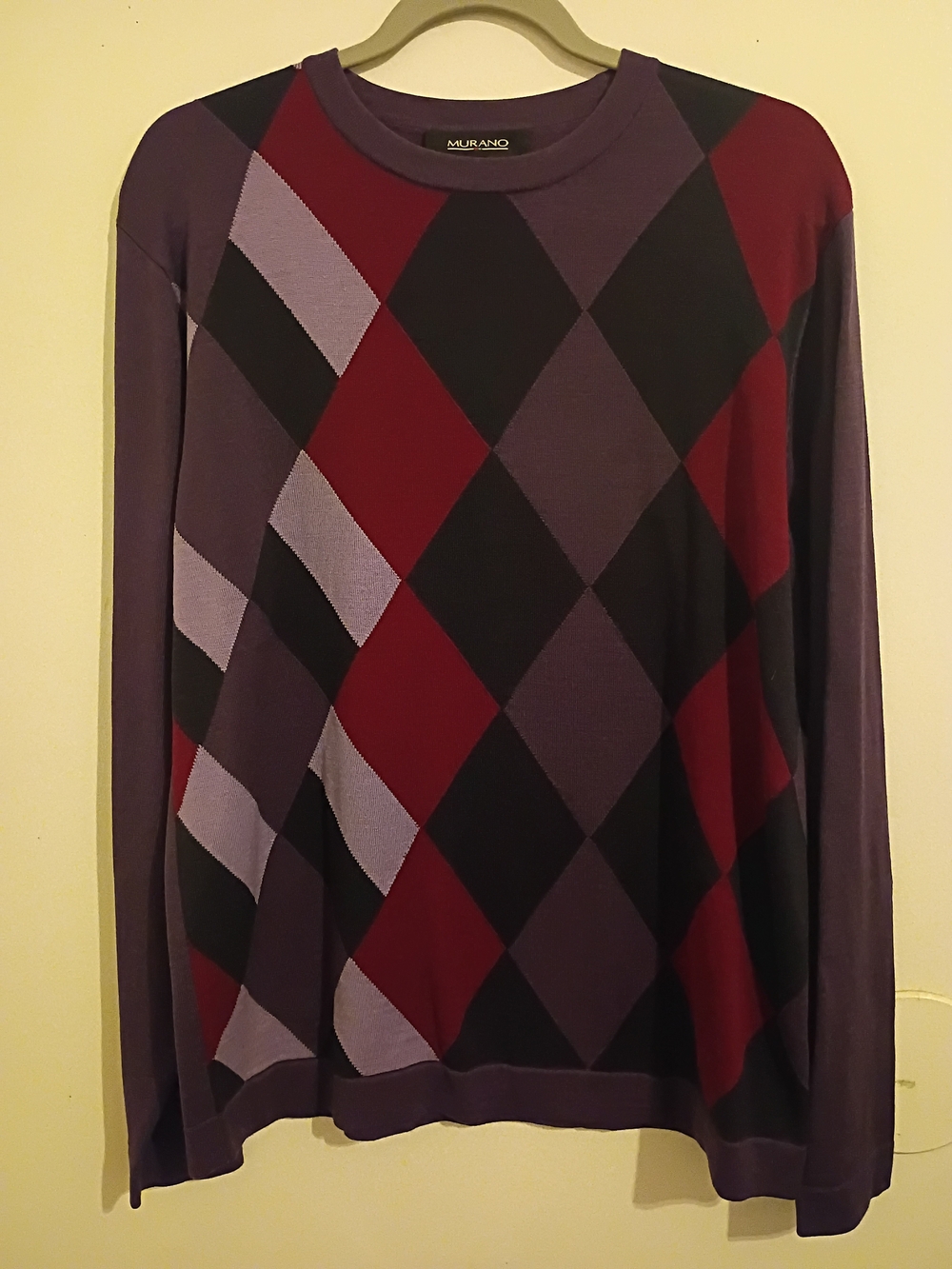 Murano Men’s Argyle Crewneck Sweater - Purple & Burgundy  75% Silk  Sz L